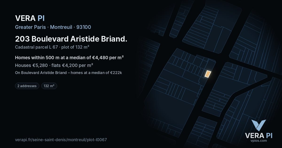 203 Boulevard Aristide Briand, Montreuil at night – the plot lit, the parcels around coloured by the prices near them