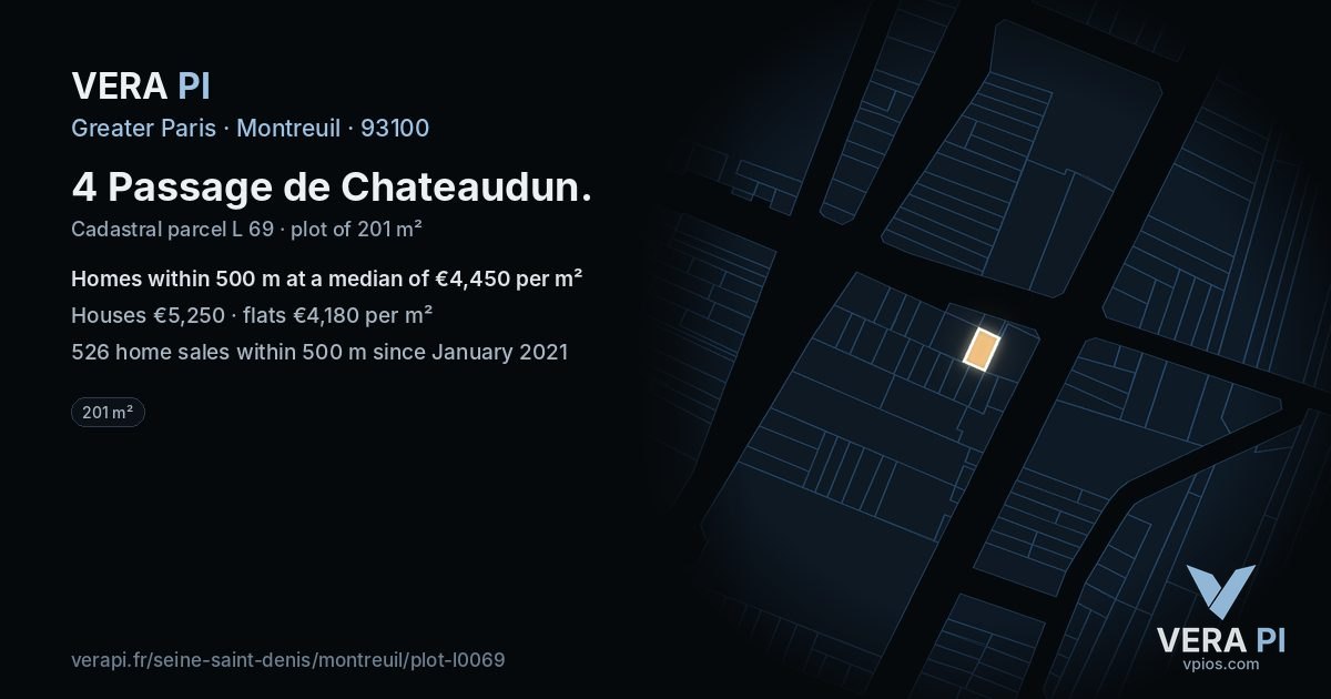 4 Passage de Chateaudun, Montreuil at night – the plot lit, the parcels around coloured by the prices near them