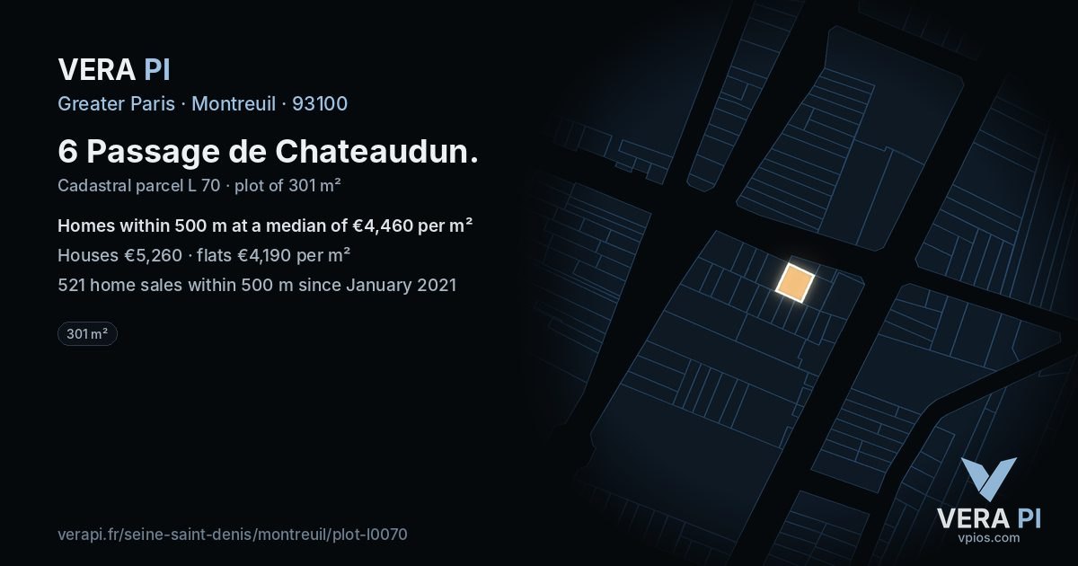 6 Passage de Chateaudun, Montreuil at night – the plot lit, the parcels around coloured by the prices near them