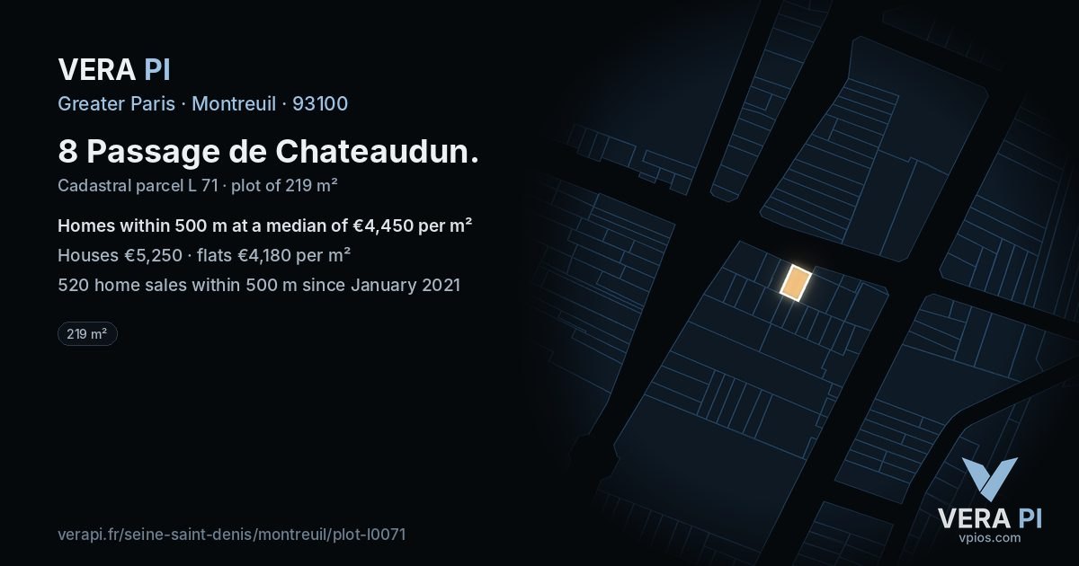 8 Passage de Chateaudun, Montreuil at night – the plot lit, the parcels around coloured by the prices near them