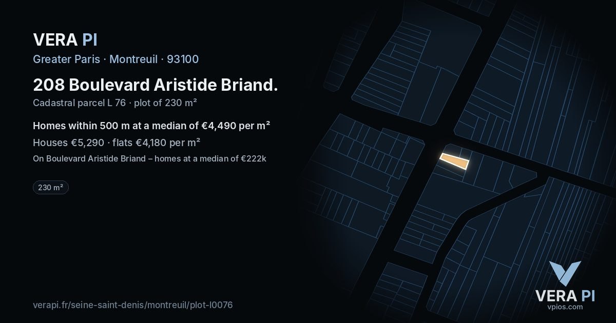208 Boulevard Aristide Briand, Montreuil at night – the plot lit, the parcels around coloured by the prices near them