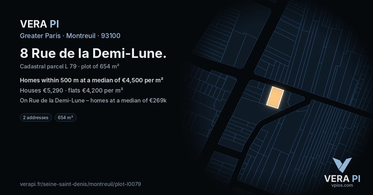 8 Rue de la Demi-Lune, Montreuil at night – the plot lit, the parcels around coloured by the prices near them
