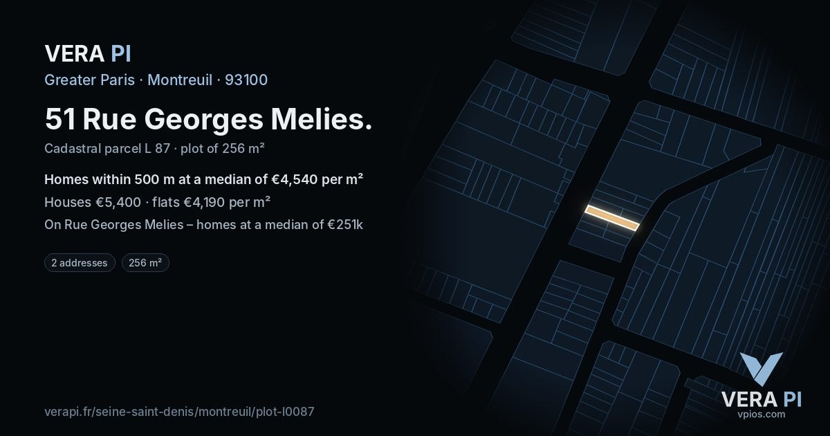 51 Rue Georges Melies, Montreuil at night – the plot lit, the parcels around coloured by the prices near them