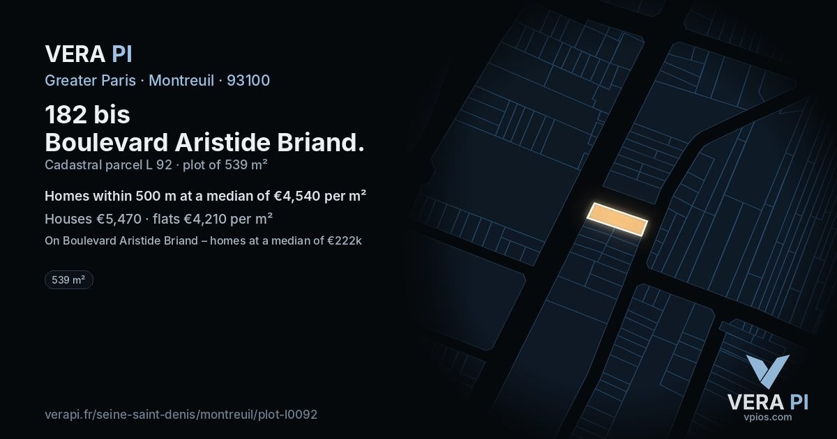 182 bis Boulevard Aristide Briand, Montreuil at night – the plot lit, the parcels around coloured by the prices near them