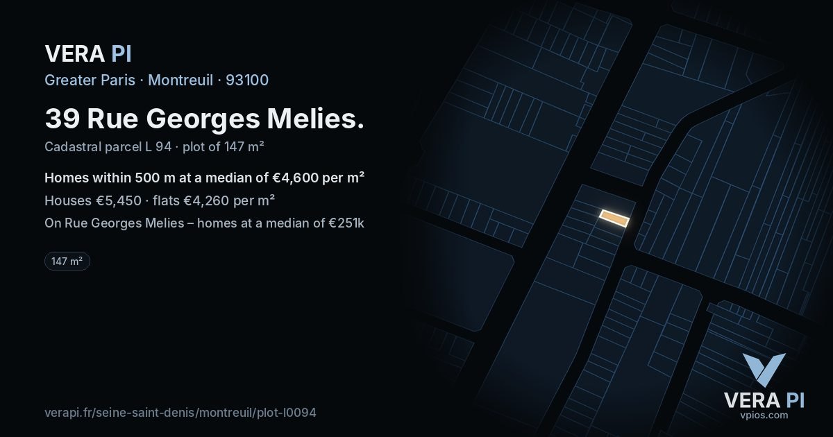 39 Rue Georges Melies, Montreuil at night – the plot lit, the parcels around coloured by the prices near them