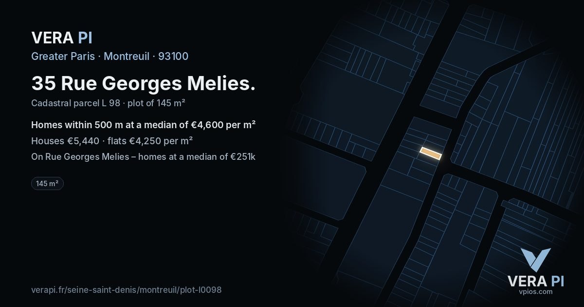 35 Rue Georges Melies, Montreuil at night – the plot lit, the parcels around coloured by the prices near them