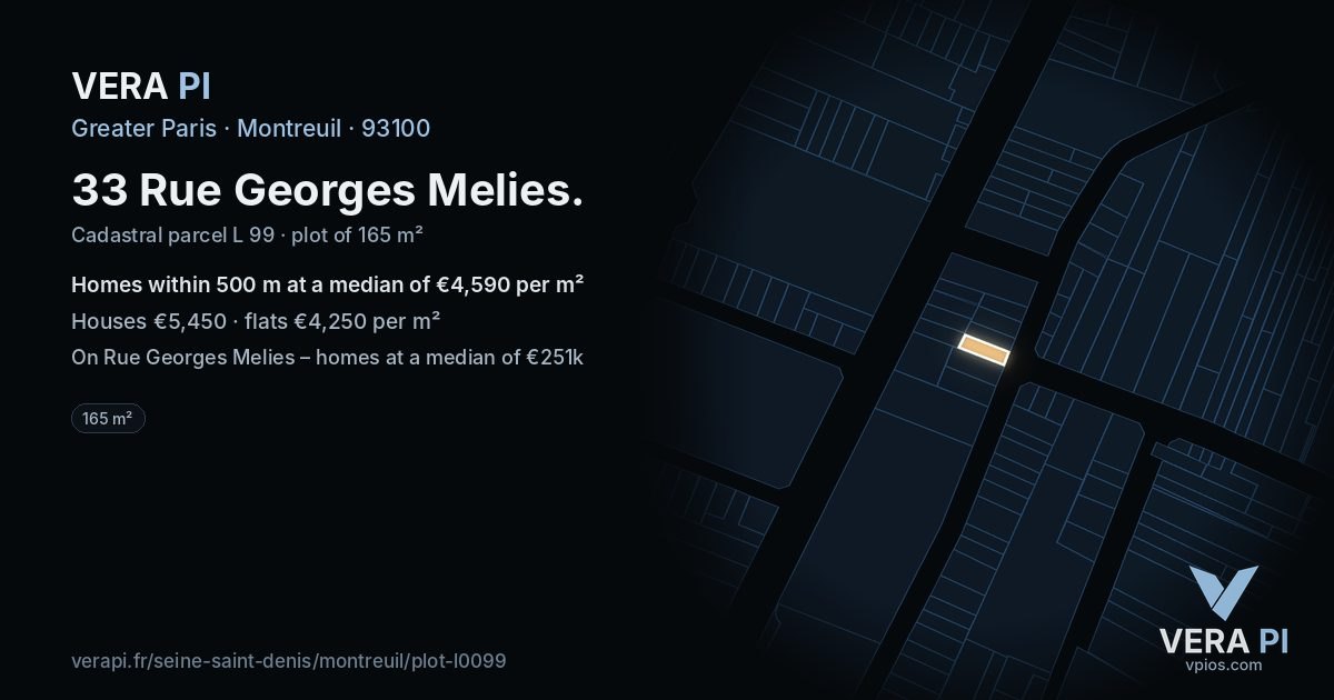 33 Rue Georges Melies, Montreuil at night – the plot lit, the parcels around coloured by the prices near them