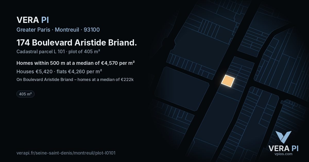 174 Boulevard Aristide Briand, Montreuil at night – the plot lit, the parcels around coloured by the prices near them