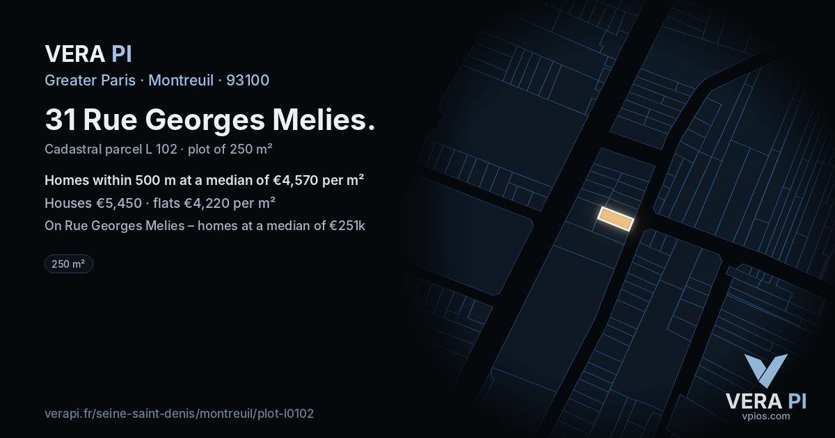 31 Rue Georges Melies, Montreuil at night – the plot lit, the parcels around coloured by the prices near them