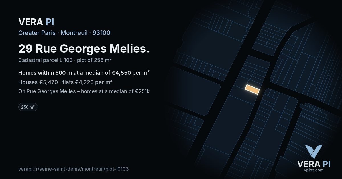 29 Rue Georges Melies, Montreuil at night – the plot lit, the parcels around coloured by the prices near them