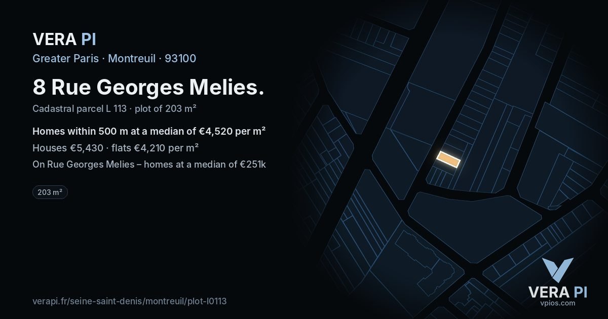 8 Rue Georges Melies, Montreuil at night – the plot lit, the parcels around coloured by the prices near them