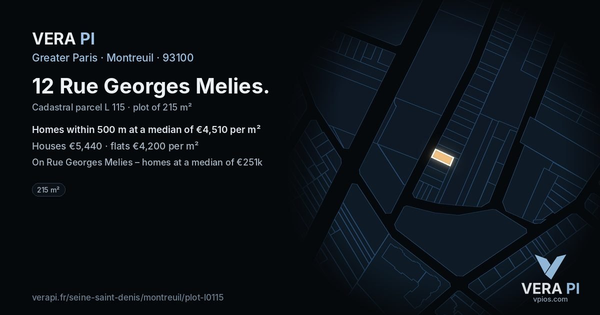 12 Rue Georges Melies, Montreuil at night – the plot lit, the parcels around coloured by the prices near them