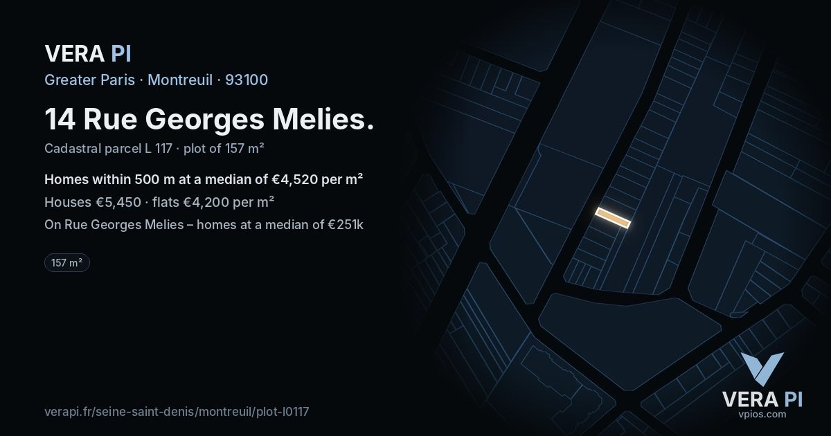 14 Rue Georges Melies, Montreuil at night – the plot lit, the parcels around coloured by the prices near them