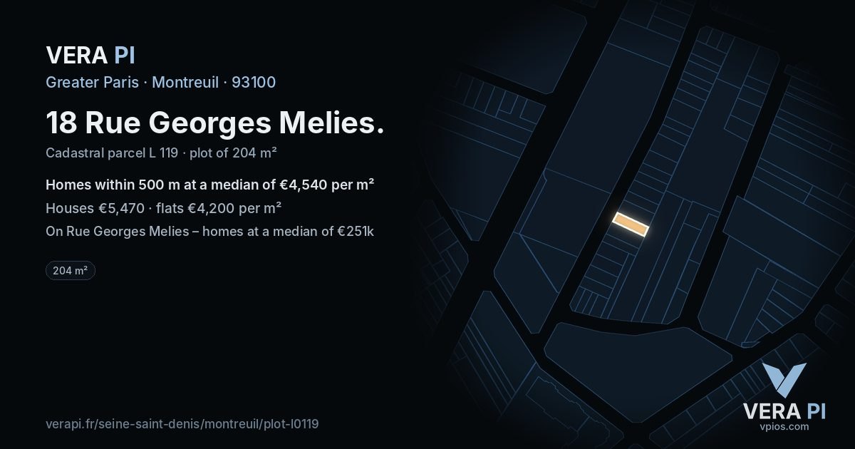 18 Rue Georges Melies, Montreuil at night – the plot lit, the parcels around coloured by the prices near them
