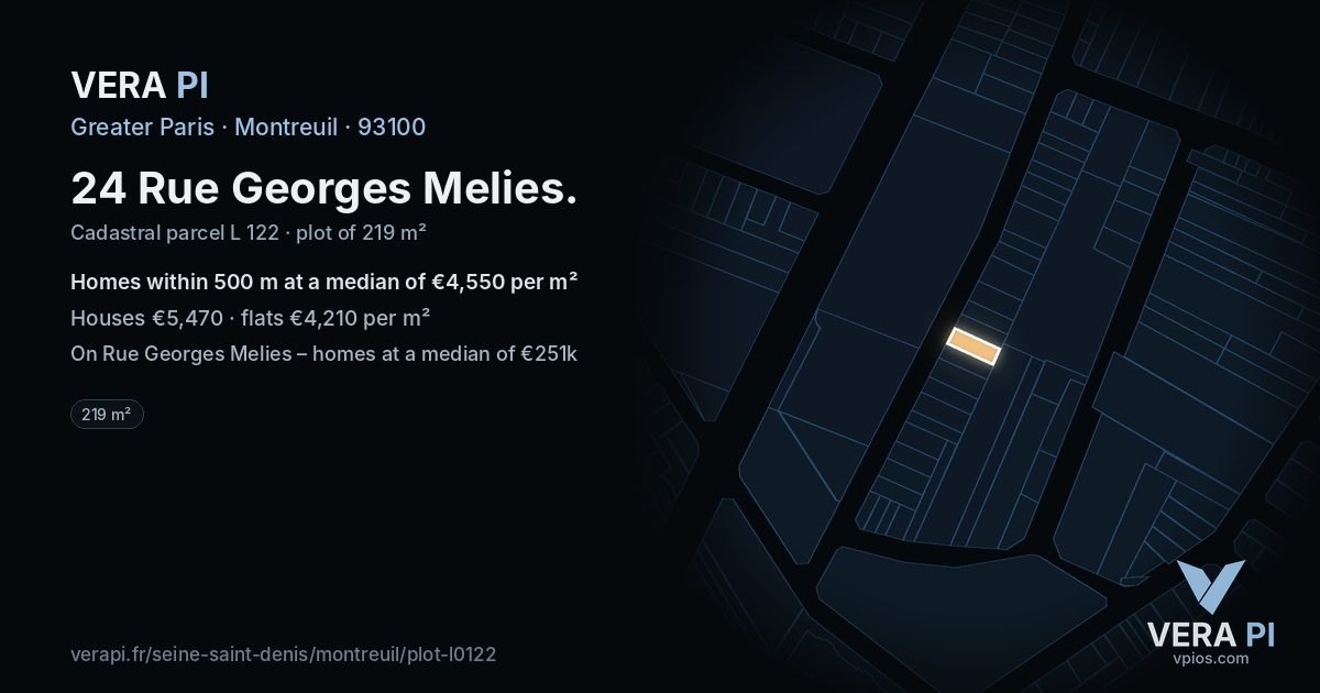 24 Rue Georges Melies, Montreuil at night – the plot lit, the parcels around coloured by the prices near them