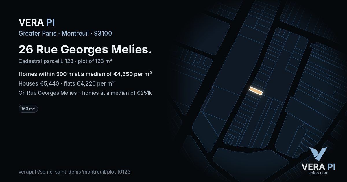 26 Rue Georges Melies, Montreuil at night – the plot lit, the parcels around coloured by the prices near them