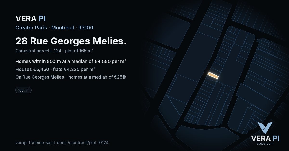 28 Rue Georges Melies, Montreuil at night – the plot lit, the parcels around coloured by the prices near them