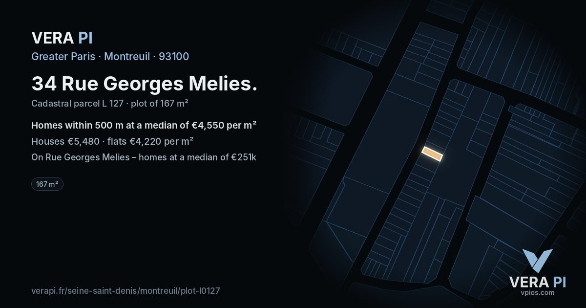 34 Rue Georges Melies, Montreuil at night – the plot lit, the parcels around coloured by the prices near them