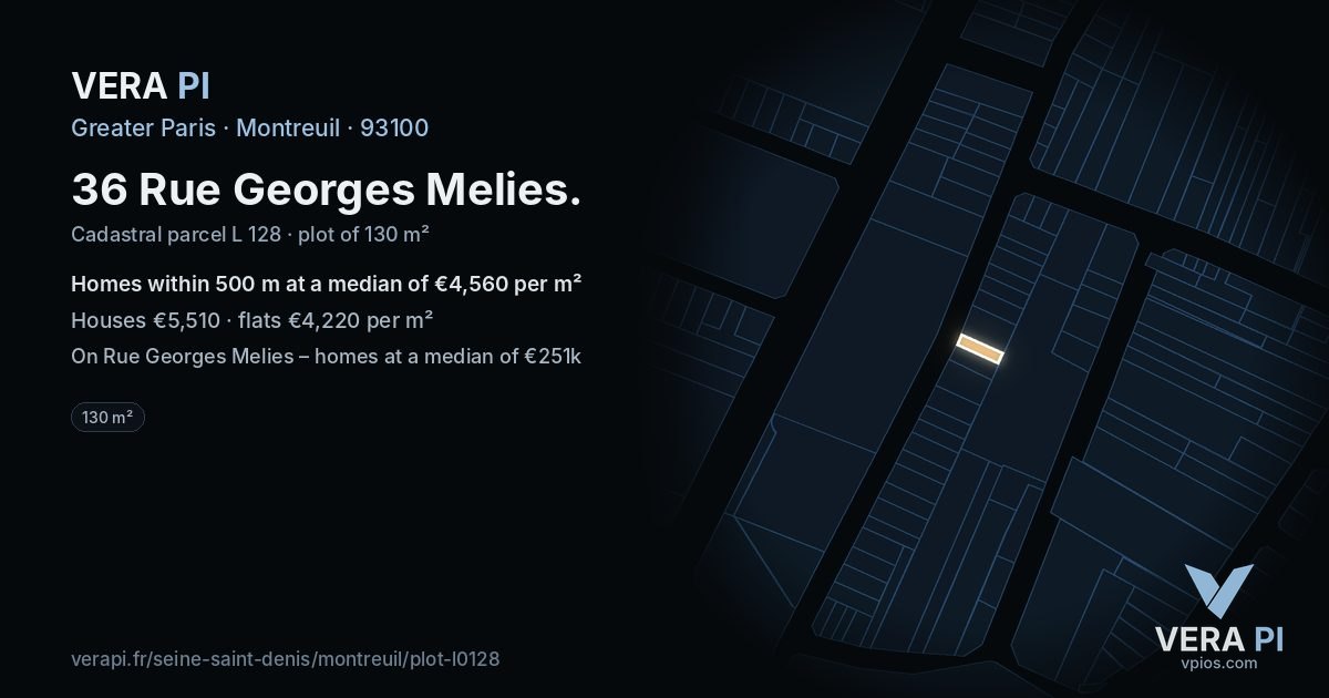 36 Rue Georges Melies, Montreuil at night – the plot lit, the parcels around coloured by the prices near them
