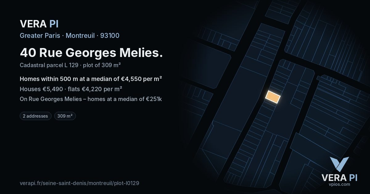 40 Rue Georges Melies, Montreuil at night – the plot lit, the parcels around coloured by the prices near them