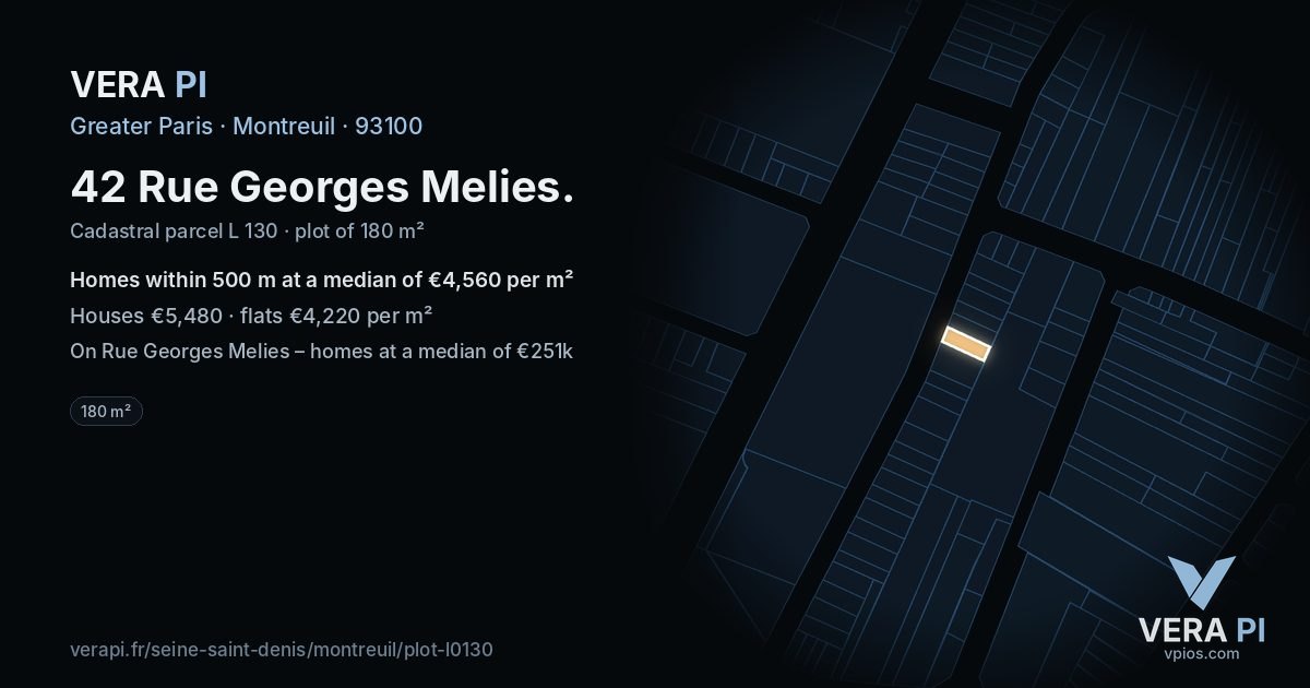 42 Rue Georges Melies, Montreuil at night – the plot lit, the parcels around coloured by the prices near them