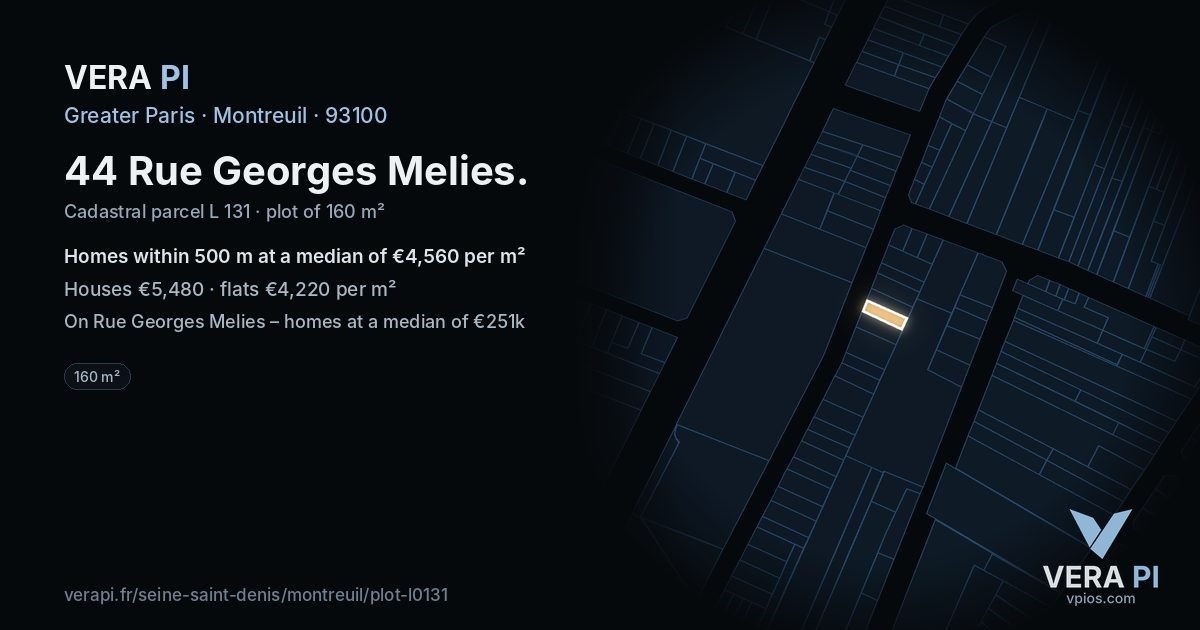44 Rue Georges Melies, Montreuil at night – the plot lit, the parcels around coloured by the prices near them