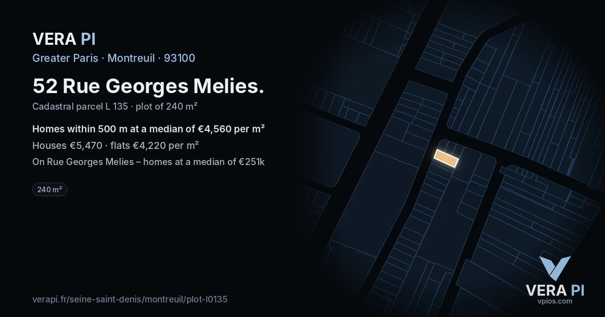 52 Rue Georges Melies, Montreuil at night – the plot lit, the parcels around coloured by the prices near them