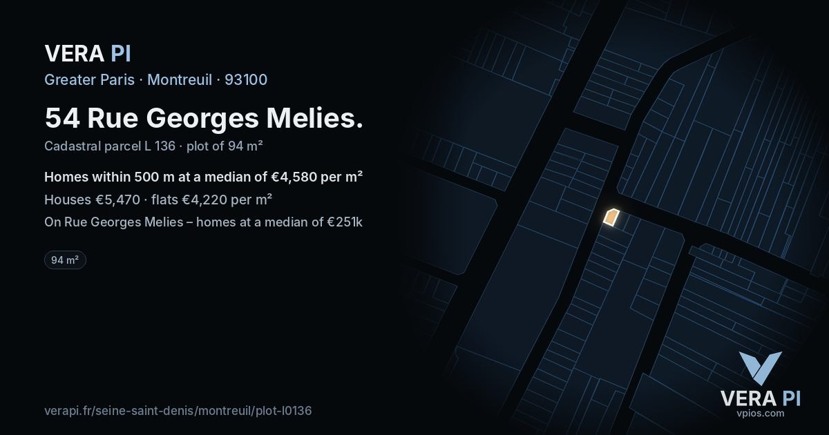 54 Rue Georges Melies, Montreuil at night – the plot lit, the parcels around coloured by the prices near them