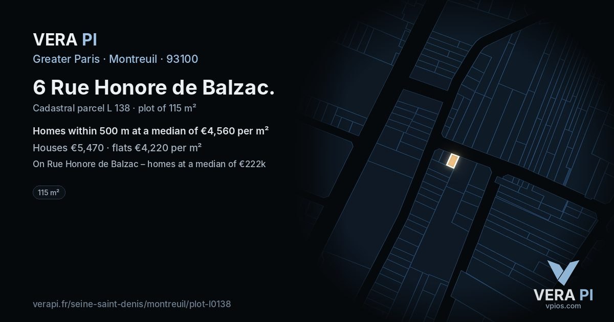 6 Rue Honore de Balzac, Montreuil at night – the plot lit, the parcels around coloured by the prices near them