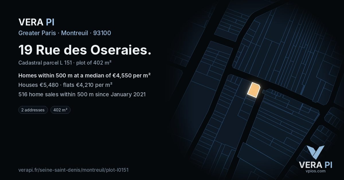 19 Rue des Oseraies, Montreuil at night – the plot lit, the parcels around coloured by the prices near them
