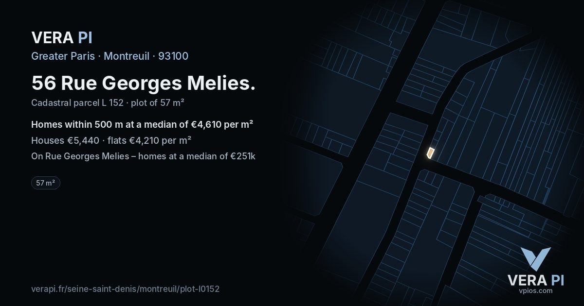 56 Rue Georges Melies, Montreuil at night – the plot lit, the parcels around coloured by the prices near them