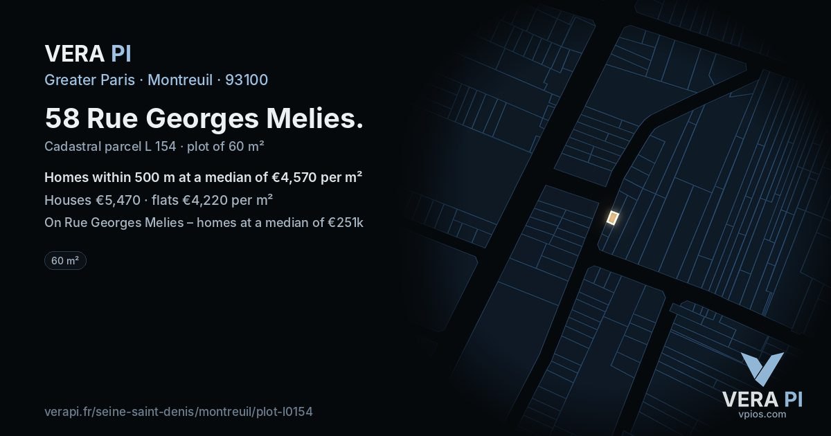 58 Rue Georges Melies, Montreuil at night – the plot lit, the parcels around coloured by the prices near them