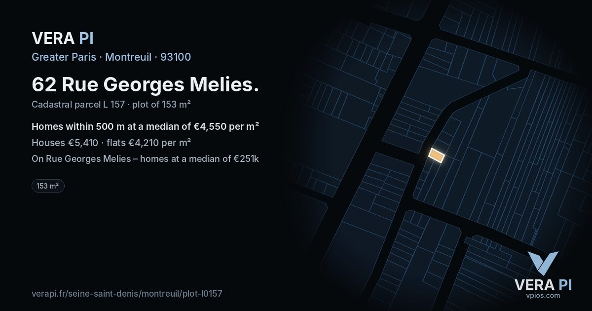 62 Rue Georges Melies, Montreuil at night – the plot lit, the parcels around coloured by the prices near them