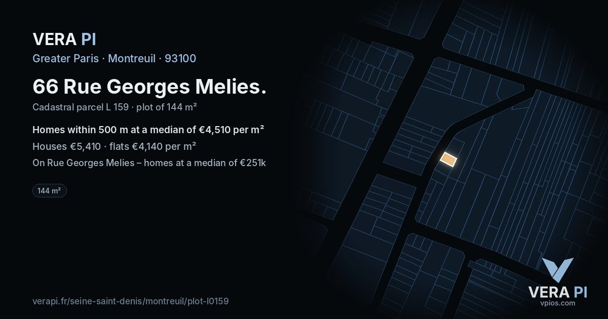 66 Rue Georges Melies, Montreuil at night – the plot lit, the parcels around coloured by the prices near them