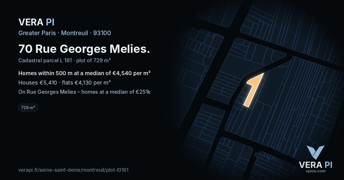 70 Rue Georges Melies, Montreuil at night – the plot lit, the parcels around coloured by the prices near them