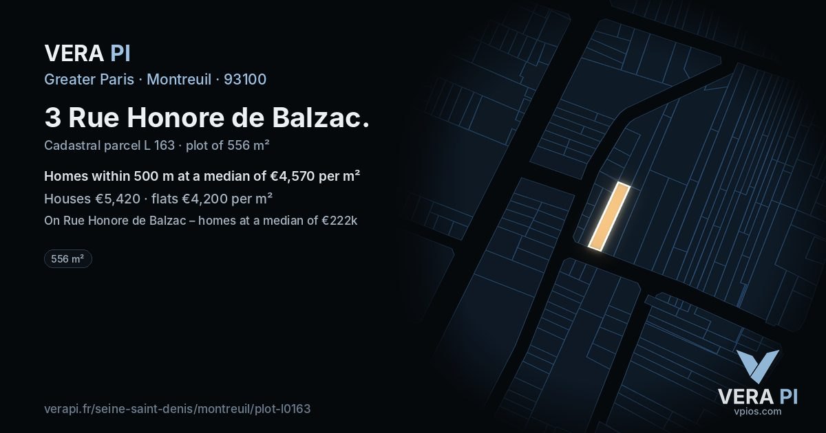3 Rue Honore de Balzac, Montreuil at night – the plot lit, the parcels around coloured by the prices near them