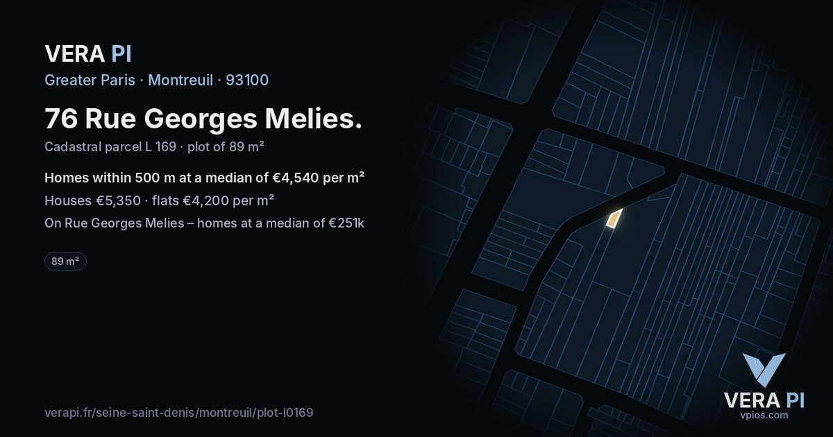 76 Rue Georges Melies, Montreuil at night – the plot lit, the parcels around coloured by the prices near them