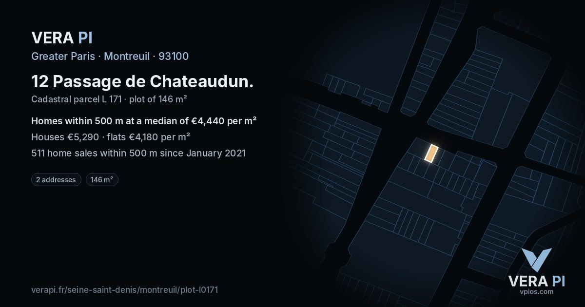 12 Passage de Chateaudun, Montreuil at night – the plot lit, the parcels around coloured by the prices near them