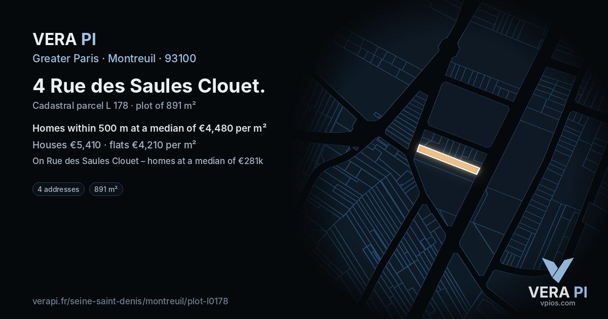 4 Rue des Saules Clouet, Montreuil at night – the plot lit, the parcels around coloured by the prices near them