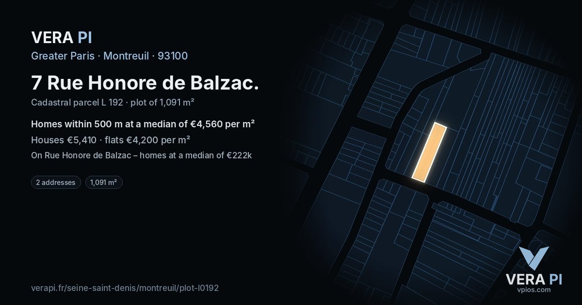 7 Rue Honore de Balzac, Montreuil at night – the plot lit, the parcels around coloured by the prices near them