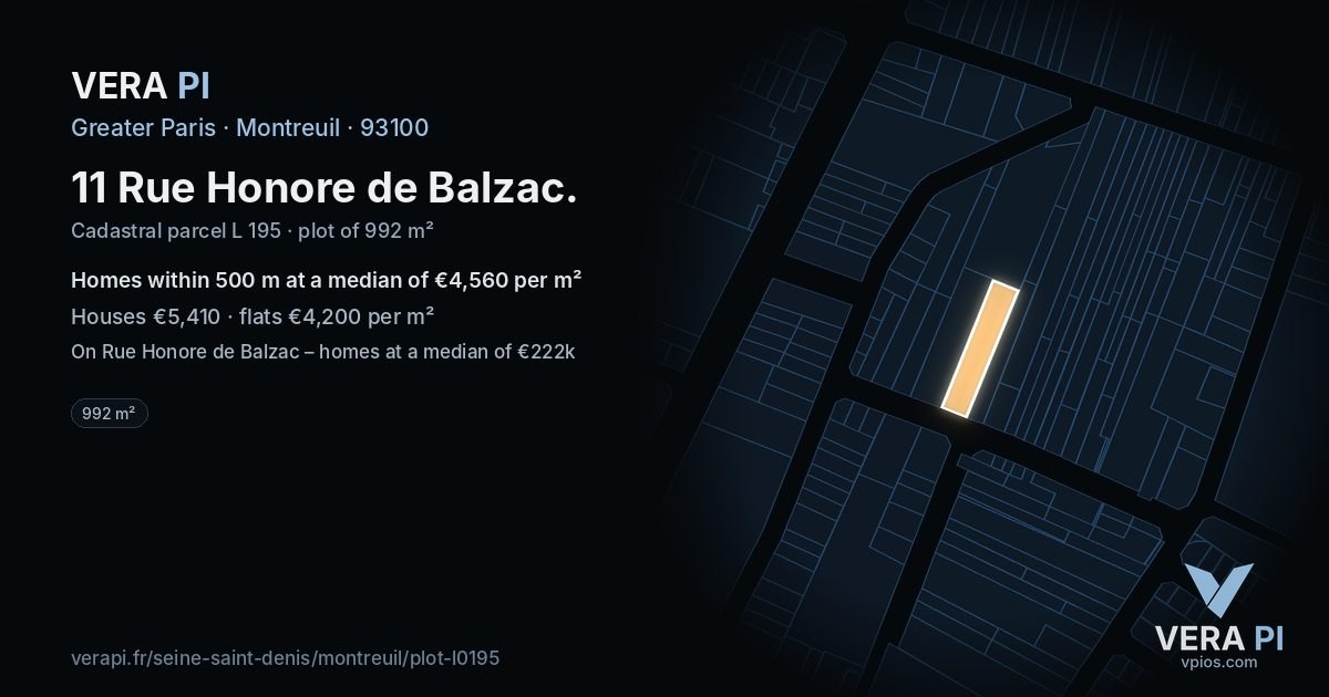 11 Rue Honore de Balzac, Montreuil at night – the plot lit, the parcels around coloured by the prices near them