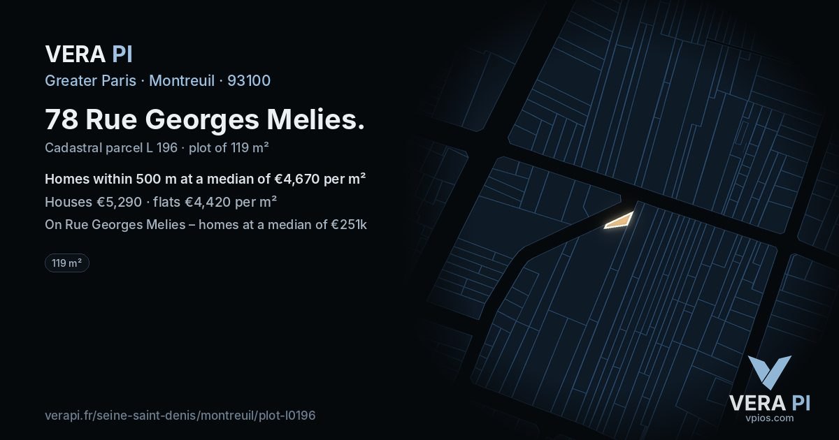78 Rue Georges Melies, Montreuil at night – the plot lit, the parcels around coloured by the prices near them