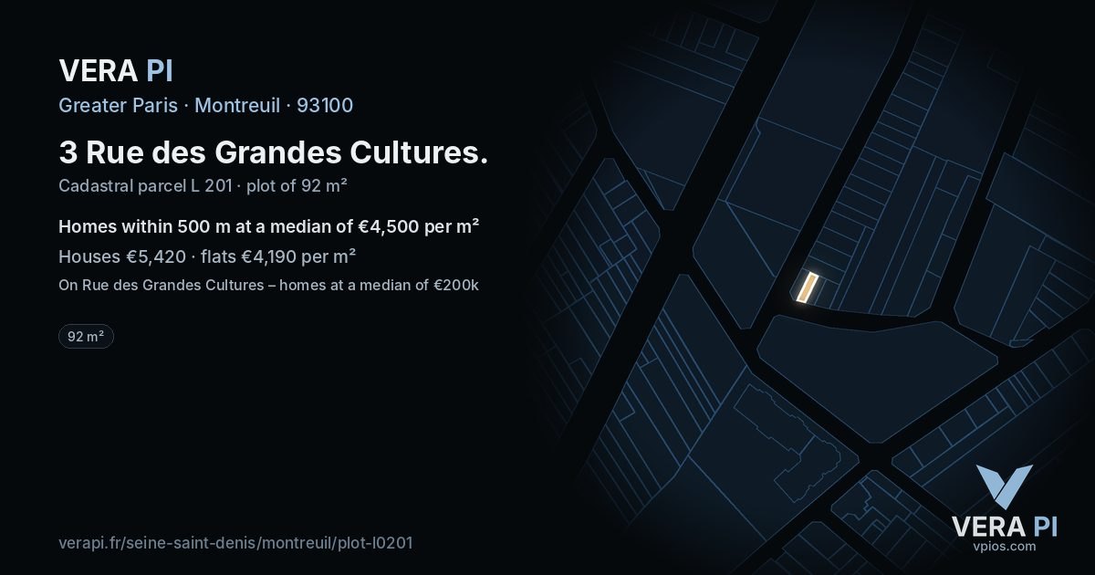 3 Rue des Grandes Cultures, Montreuil at night – the plot lit, the parcels around coloured by the prices near them