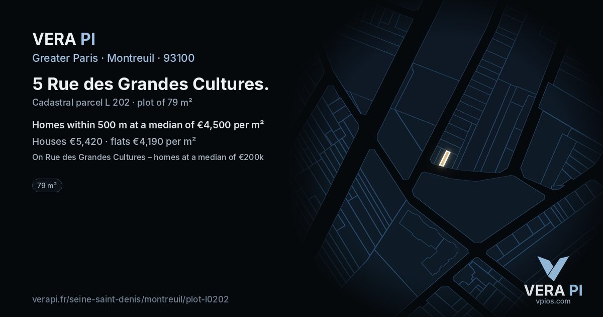 5 Rue des Grandes Cultures, Montreuil at night – the plot lit, the parcels around coloured by the prices near them