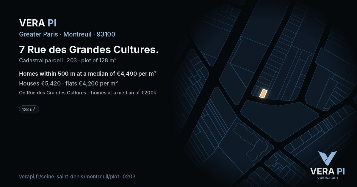 7 Rue des Grandes Cultures, Montreuil at night – the plot lit, the parcels around coloured by the prices near them