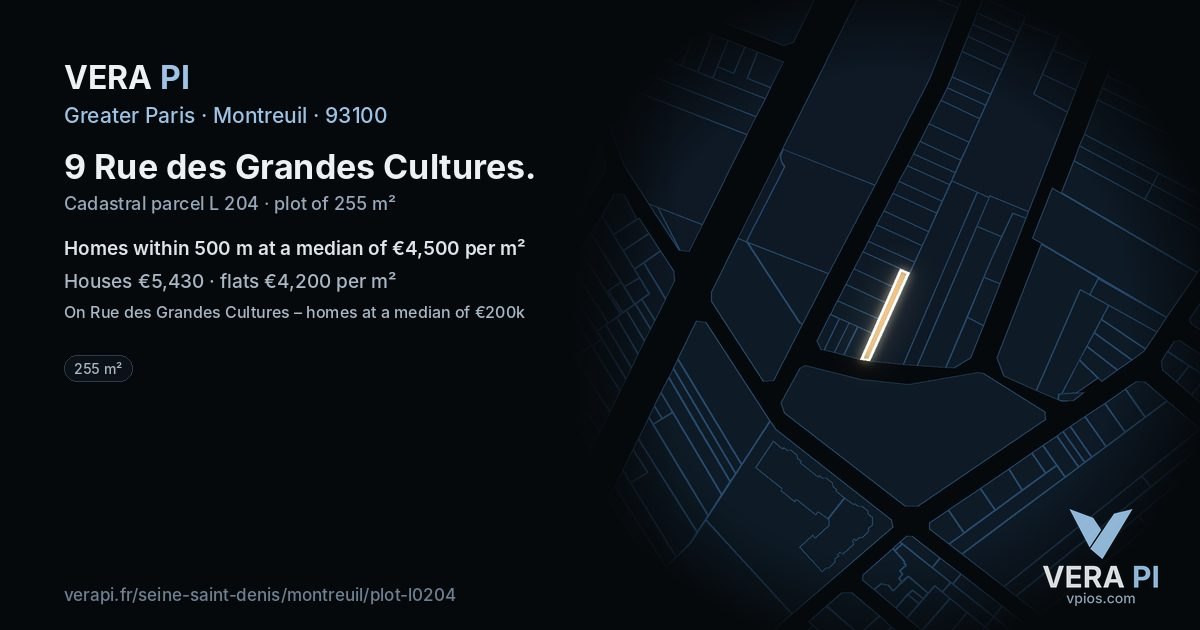 9 Rue des Grandes Cultures, Montreuil at night – the plot lit, the parcels around coloured by the prices near them