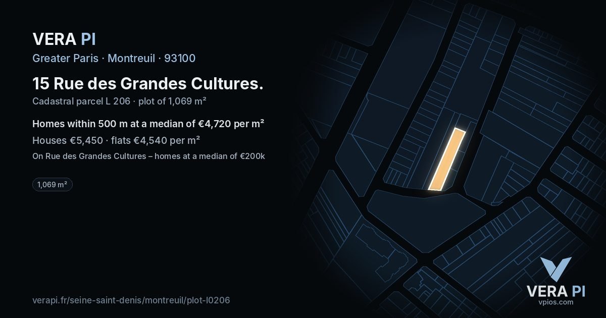 15 Rue des Grandes Cultures, Montreuil at night – the plot lit, the parcels around coloured by the prices near them