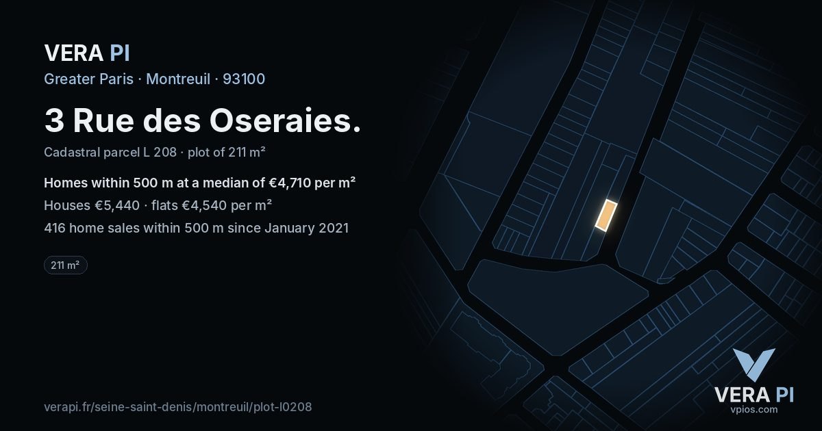 3 Rue des Oseraies, Montreuil at night – the plot lit, the parcels around coloured by the prices near them
