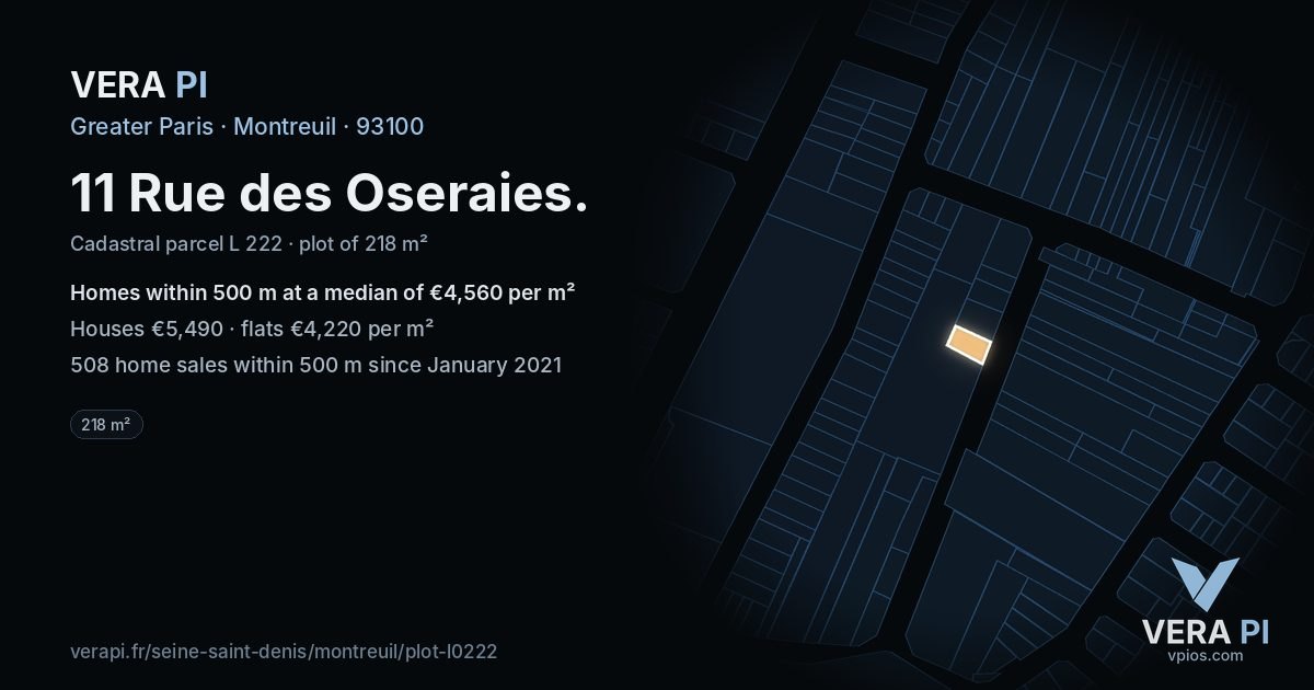 11 Rue des Oseraies, Montreuil at night – the plot lit, the parcels around coloured by the prices near them