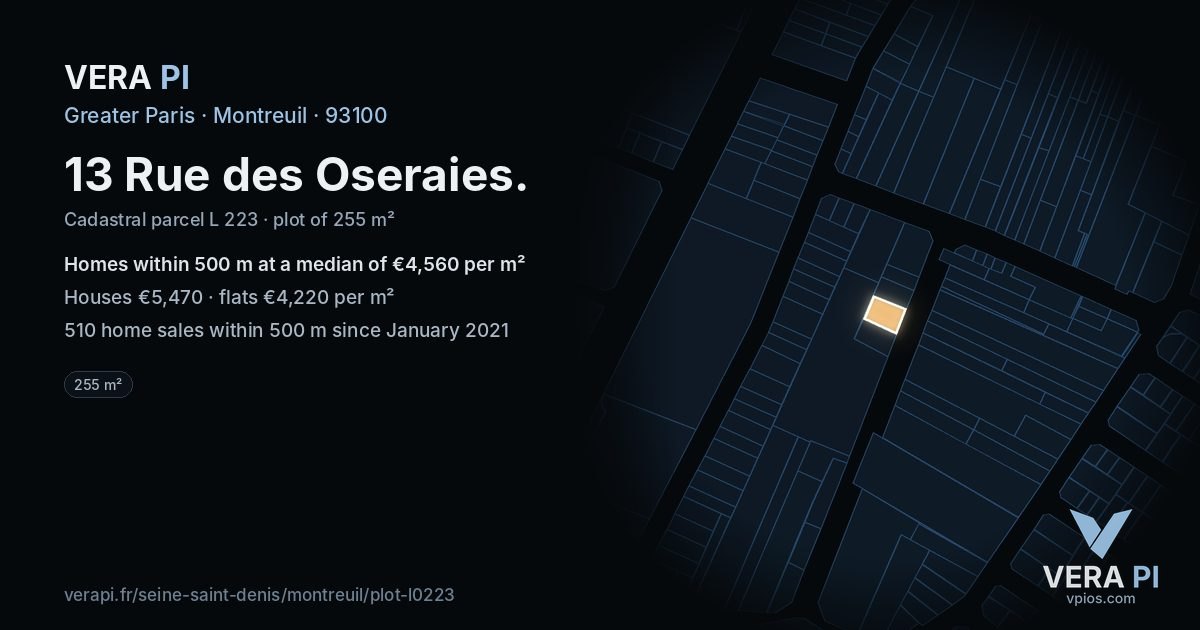 13 Rue des Oseraies, Montreuil at night – the plot lit, the parcels around coloured by the prices near them
